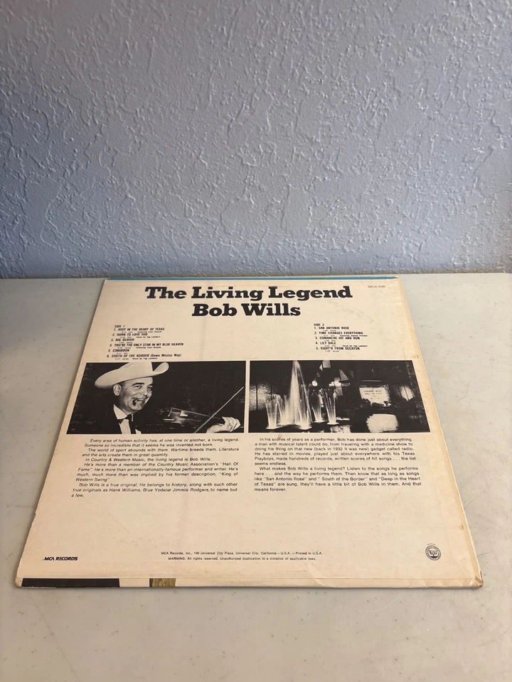 BOB WILLS THE LIVING LEGEND VINYL RECORD LP 1973 MCA RECORDS MCA-546 COUNTRY VG+ Foto 2 de 4