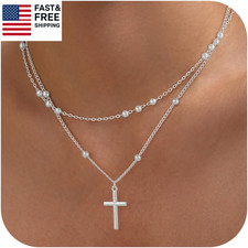 Cross Necklace for Women Dainty 14K Real Silver Gold Plated Layered Cross Penda