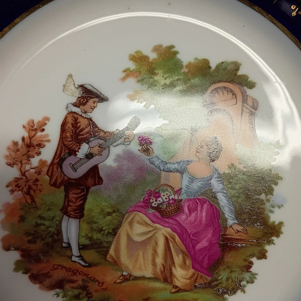 Vintage Limoges Veritable Porcelain D'Art Cobalt Blue Gold Plate Courting Couple - Image 4 of 4