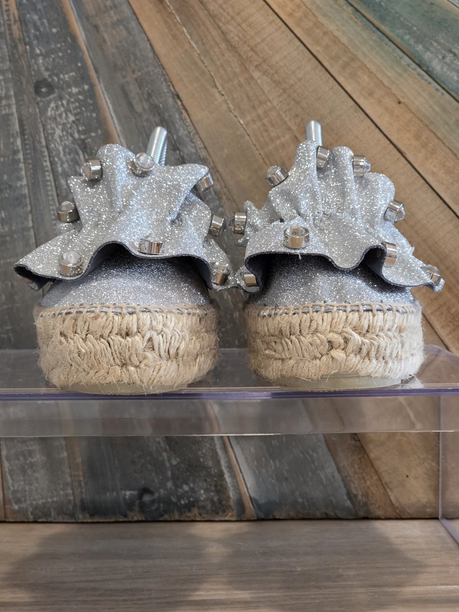 Sergio Rossi × Manebiグリッター ウェッジ フラットシューズ Sergio Rossi x Manebi Silver Glitter Espadrilles Rhinestone