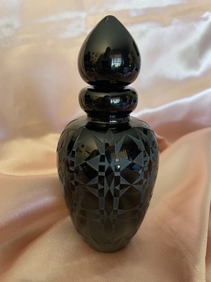 Stunning +Unique Black Etched Glass Perfume Bottle Heavy Thick Glass Signed