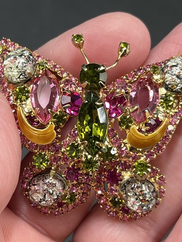 Vtg Juliana D&E Pink And Green Rhinestones Art Glass Butterfly Brooch 2.25” Wide - Picture 12 of 12