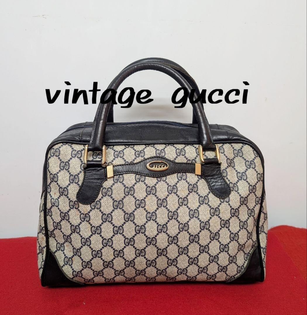 GUCCI Vintage Old Logo GG Supreme Boston bag Hand Bag PVC Leather Navy Authentic