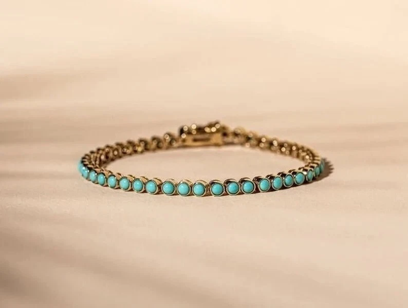 3 Ct Prong Tennis Lab Created Turquoise Bracelet 14K Yellow Gold Over Wedding - Image 4 of 4