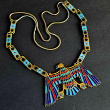 Vintage Egyptian Revival Winged Vulture Enamel Necklace Brass Pectoral