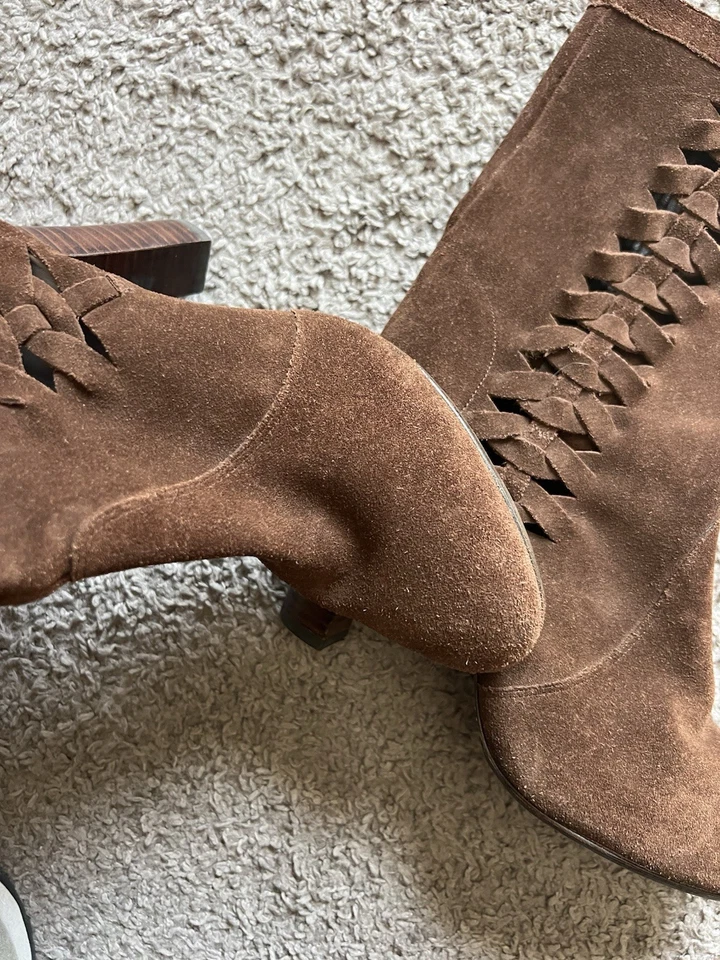 Botas de Gamuza Delman 8.5 Hechas en Italia Tacón Bloque Corte con Tiras Cuero Y2K Para Mujer Foto 3 de 4