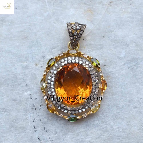 Pave Diamond Gemstone Pendant Gold Vermeil Jewellery 925 Solid Silver Necklace - Picture 3 of 5