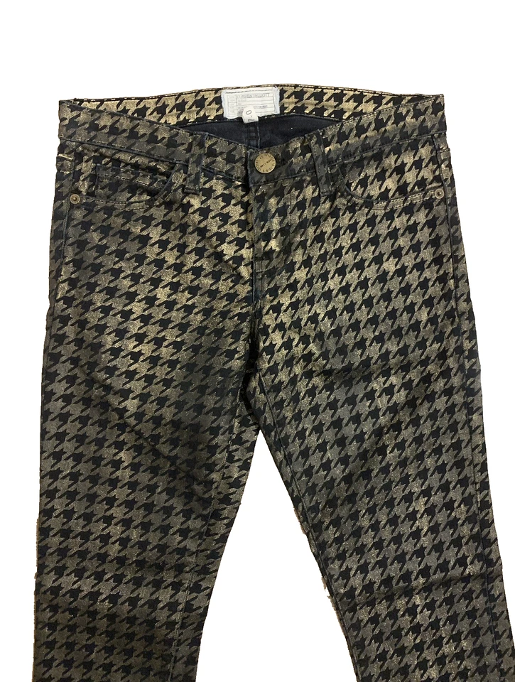 Pantalones de mezclilla CURRENT ELLIOTT $228 ajustados al tobillo negro lámina dorada pata de gallo W 27 Reino Unido 8-10 Foto 4 de 4