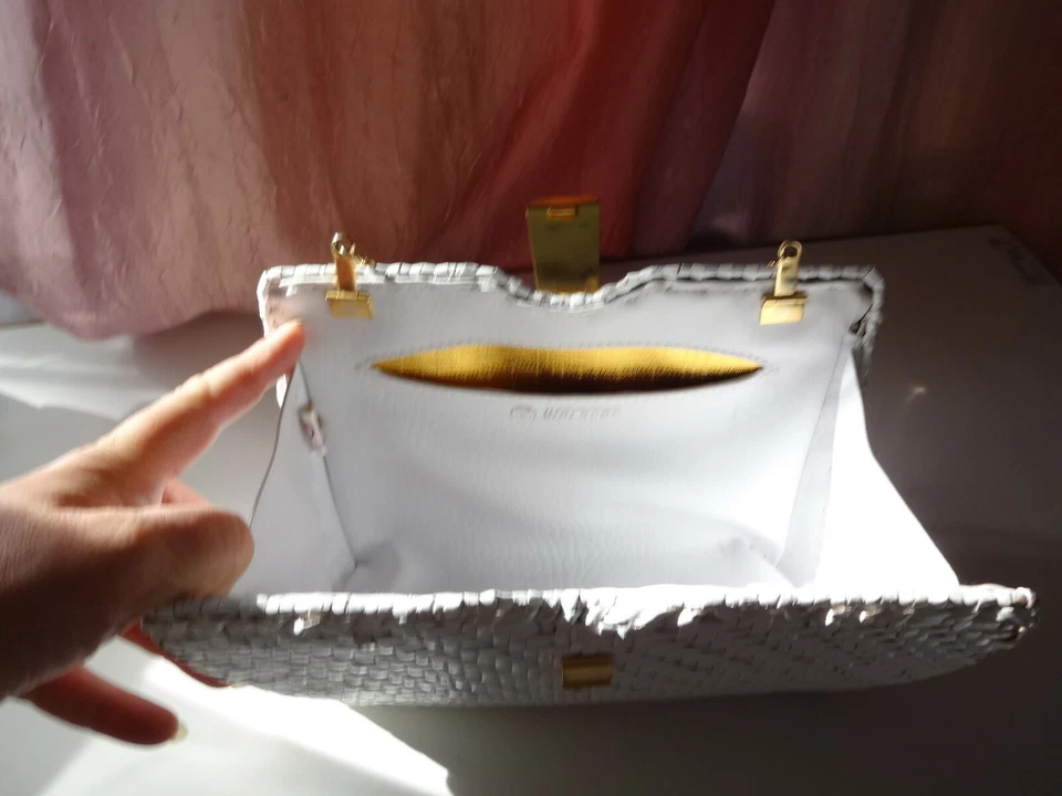 复古 Vacation Travel Bamboo Wowen 手包 晚装 白色 金色 钱包 手提包 — 第 4/4 张图片