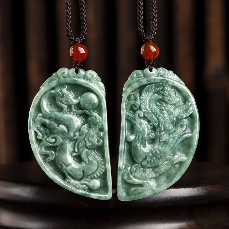 Natürliche Burma grüne Jade Phönix und Drache Paar Liebhaber Anhänger Halskette geschnitzt