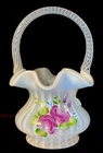 Fenton Art Glass Hand Painted " Cottage " Rose On French Opalescent Basket 2003