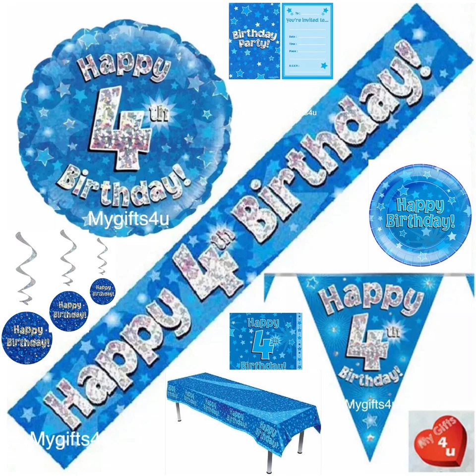 Blue 4th & Happy Birthday Party Decorations Buntings Banners Balloons swirls Age