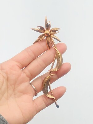 Vtg Unmarked Long Stem Flower & Leaf Copper Metal Large Brooch Pin