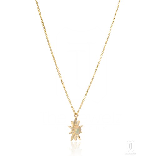 14K Gold VS/F-G Diamond - Opal Gemstone Sun Charm Pendant Necklace - Picture 5 of 8