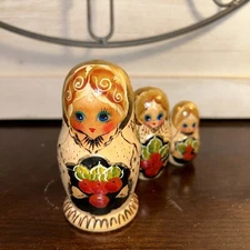 Vintage Russian Hand Made Matryoshka 3 Pce - Red Berries Wood Burned Signed