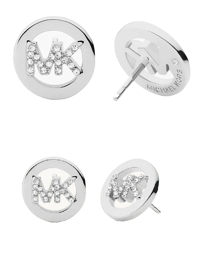MICHAEL KORS SILVER TONE BRASS PAVE CRYSTAL MK LOGO ROUND