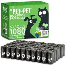 PET N PET 1080 Counts Black Dog Poop Bag Rolls 38% Plant Based 62% PE Waste Bags
