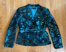 Nipon Boutique Womens 8P Petite Metallic Black/Teal Floral Blazer B9 