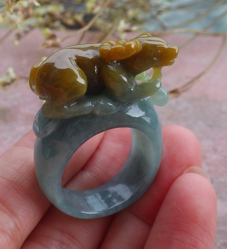 Certified Icy Yellow Burma Natural A JADE Jadeite Cow Ox RING USA