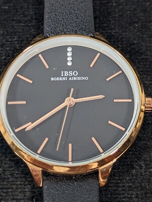 IBSO Black Dial Round Gold Tone Case Black Faux Leather Band Watch 7.5 Inch