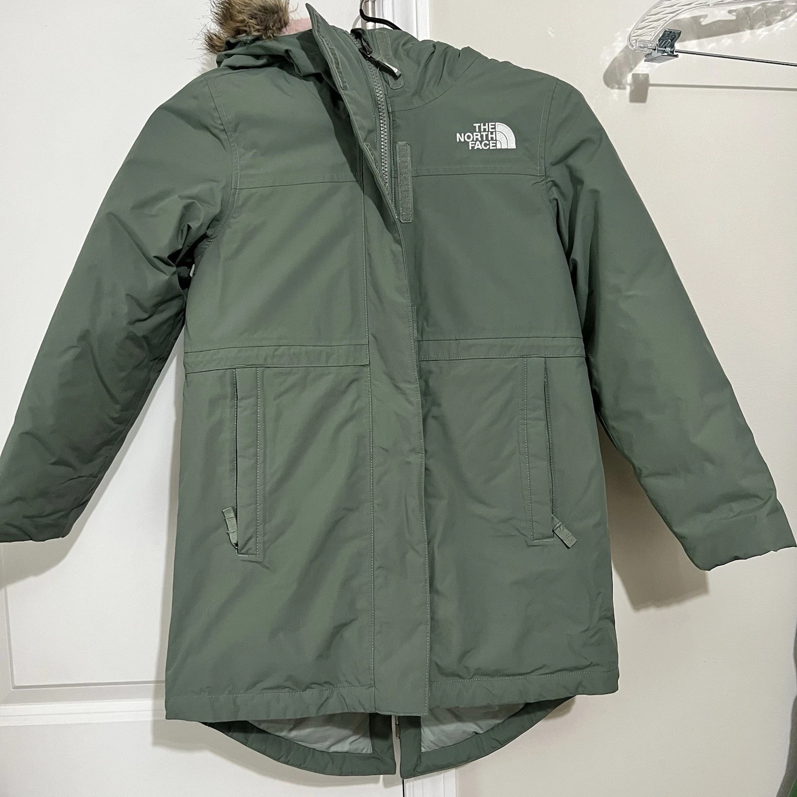 The North Face Girls Arctic Parka S 7/8 Green Faux Fur Hood