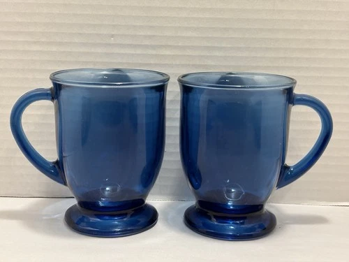 Set of 2 Vintage Anchor Hocking Cobalt Blue Glass Footed Coffee Mugs