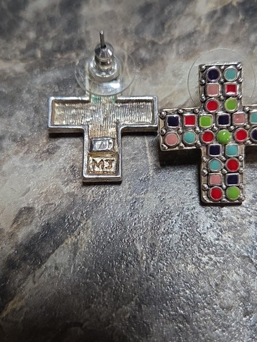 Vintage MJ Colorful Enamel Cross Earrings 1" × 3/4" ☆ - Picture 4 of 6