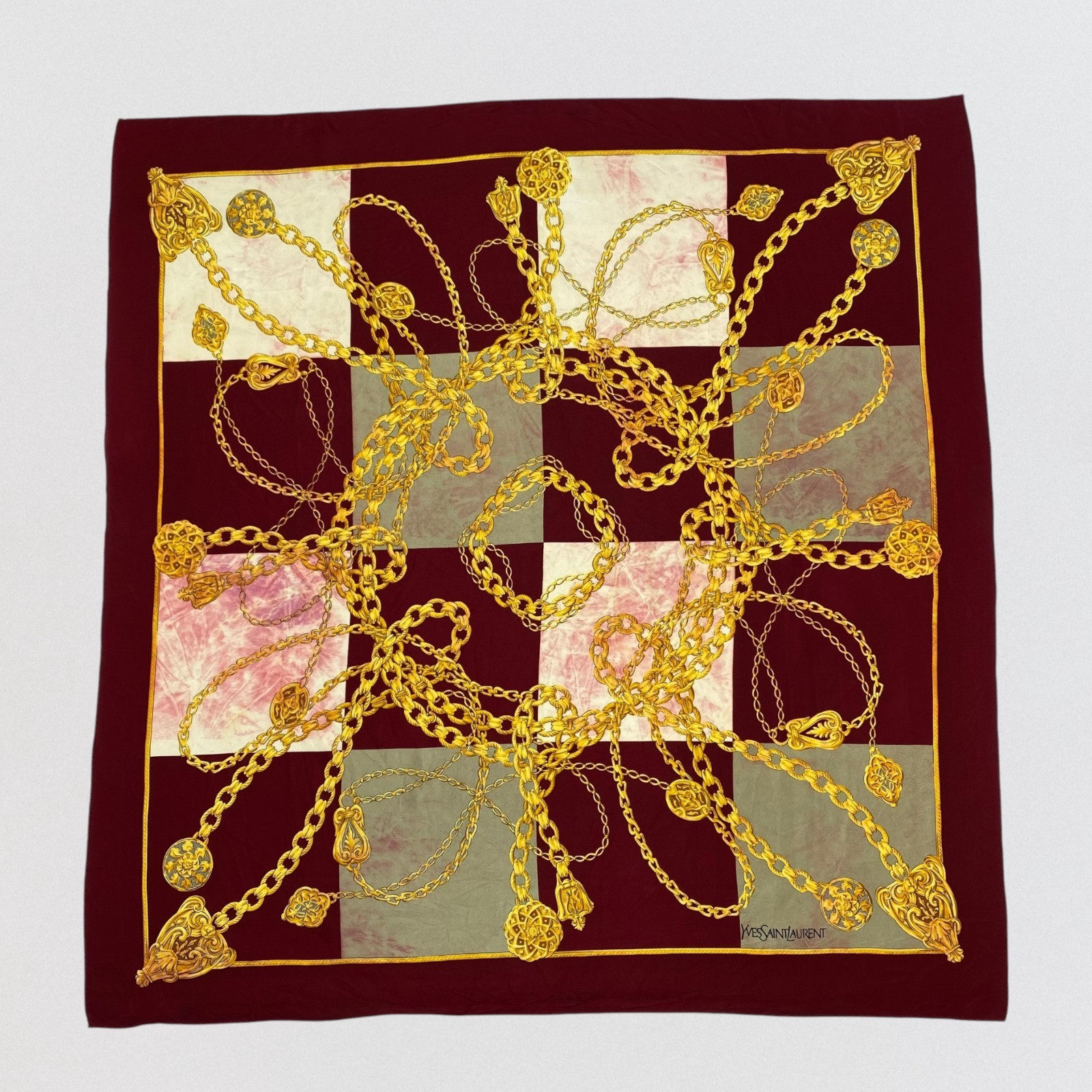 Vintage Yves Saint Laurent YSL Silk Scarf Burgundy Gold Chain Link Square 34