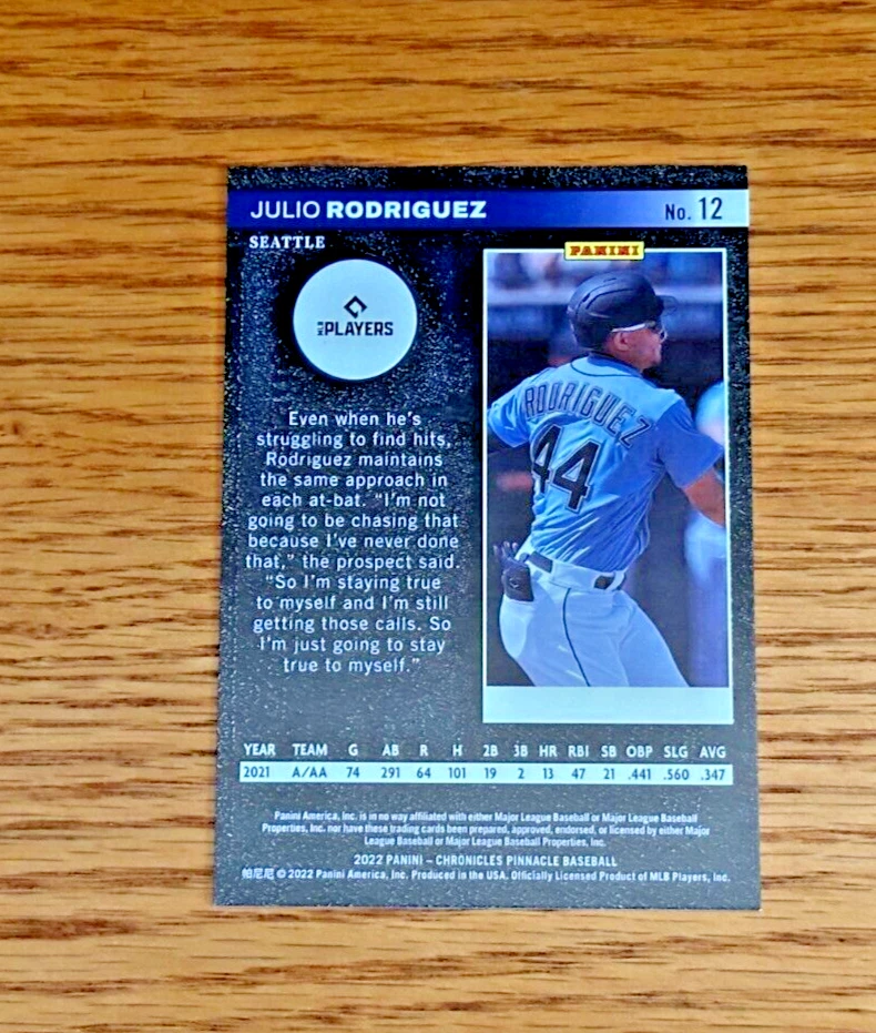 JULIO RODRIGUEZ 2022 Panini Chronicles #12 Pinnacle Rookie RC Blue /50 - Image 2 of 2