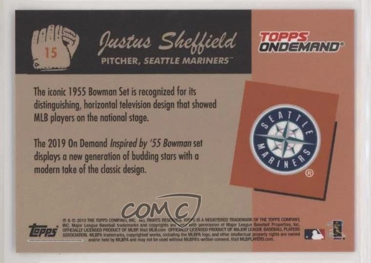 2019 On Demand 1955 Bowman Online Exclusive /2500 Justus Sheffield #15 Rookie RC - Image 2 of 2