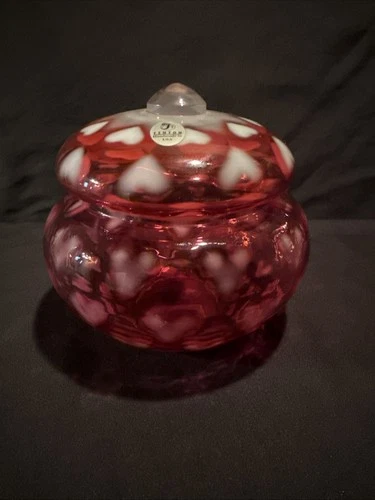 Vintage Fenton Cranberry Opalescent Heart Optic Covered Dish