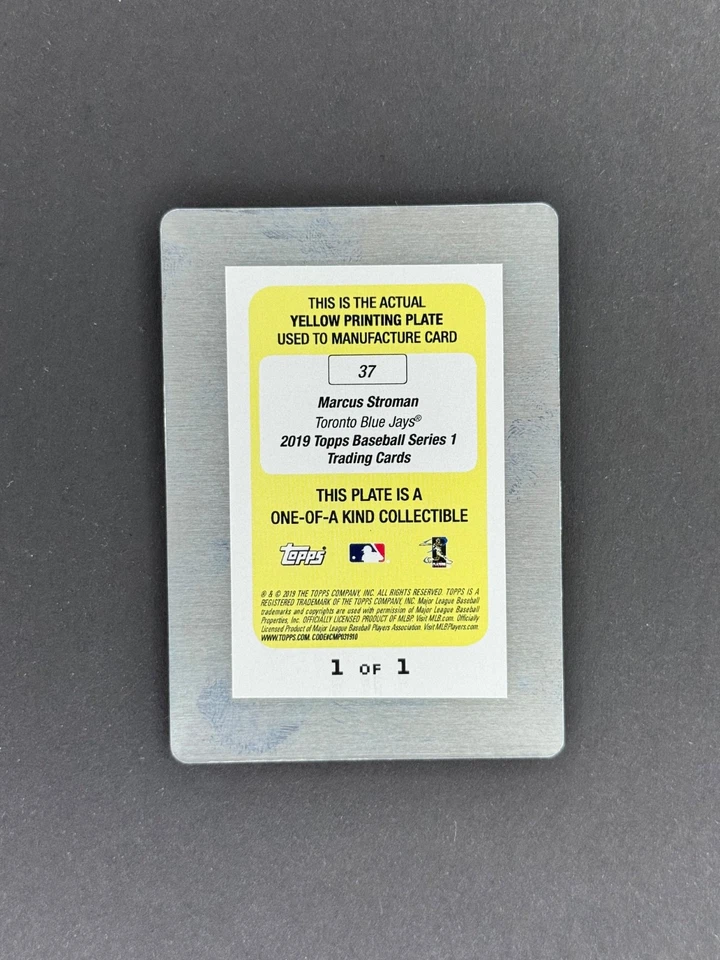 2019 Topps Series 1 Marcus Stroman #37 Printing Plate Yellow 1/1 Toronto Jays - Image 2 of 2