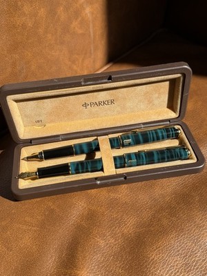 Vintage Parker Sonett Marble Green Laque 18k Goldfeder Füllfederhalter Set - feine Feder