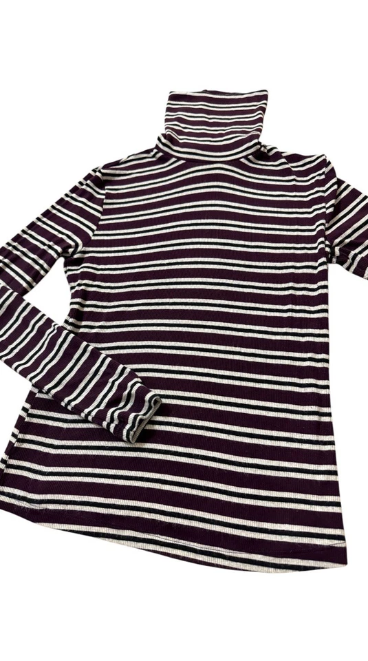 Suéter American Apparel Clásico Mujer Cuello Alto Tripado M Blanco/Cereza Foto 2 de 4