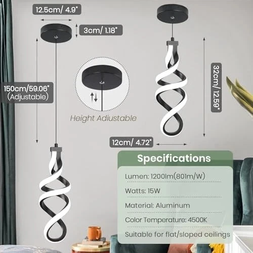 Lámpara Colgante LED Moderna, 15W Espiral LED Lámpara 1 Paquete Negro Foto 4 de 4