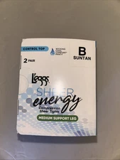 Leggs Sheer Energy Control Top B Suntan Pantyhose Compression Sheet Support 2 P