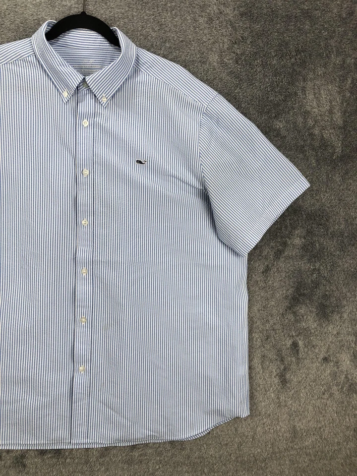 Vineyard Vines 衬衫男式 2XL 蓝色白色条纹性能纽扣标志 — 第 3/4 张图片