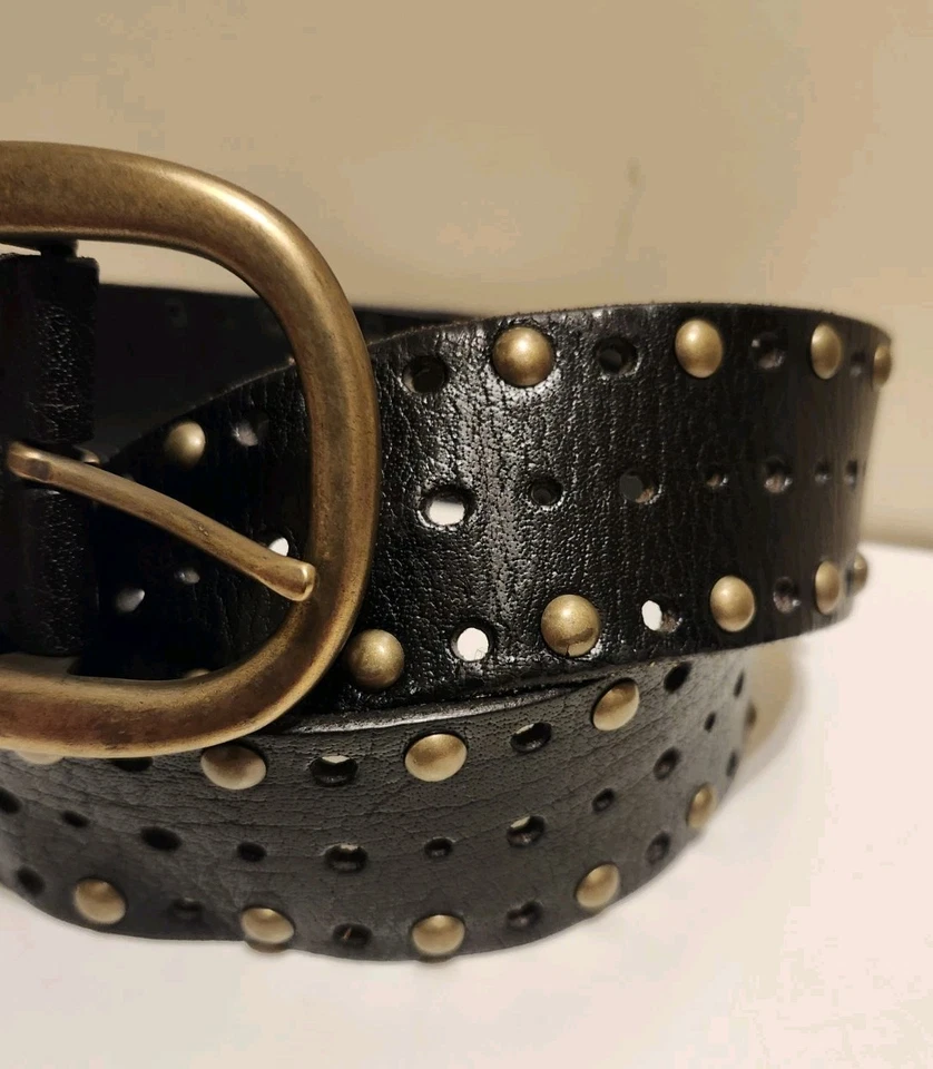 New Linea Pelle Black Leather Bronze Studded Wide Belt Womens Sz.L Ret. $165 - Image 2 of 4