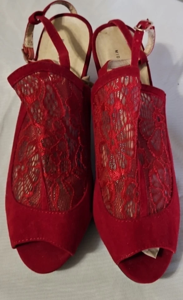 午夜天鹅绒高跟鞋麂皮绒蕾丝红色 7.5W 扣露趾 — 第 4/4 张图片