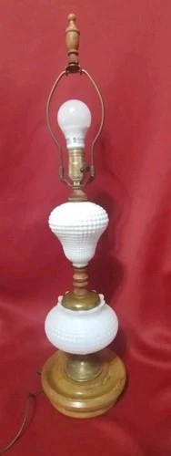 Vintage Hobnail Milk Glass Lamp - Brass And Wood Base, Early American Style.