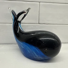 Hand Blown Art Glass Whale Figurine Blue Black Clear Sculpture 7” Paperweight