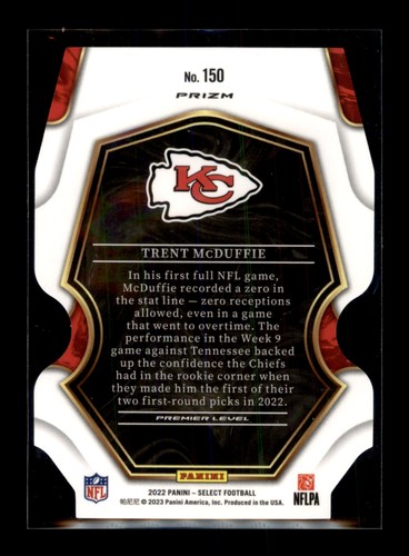 2022 Panini Select Silver Prizm Die Cut #150 Trent McDuffie RC Chiefs - Picture 2 of 2