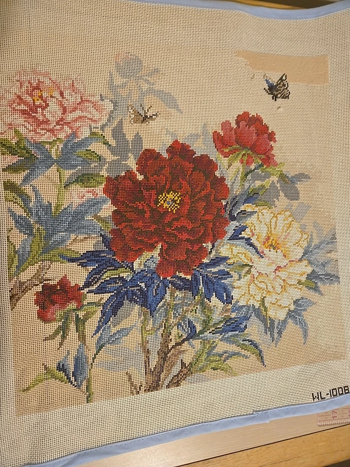 Lucy Wang Peony Butterflies Needlepoint 15.75" X 15.75 Painted Partially Started - Image 2 of 4