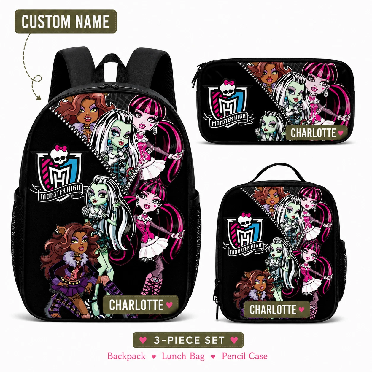 Monster High Personalized School Backpack Set Kids Bookbag Lunch Tote Pencil Cas