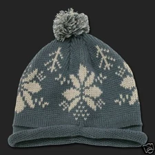 Grey Snowflake Roll Up Pom Beanie Stocking Cap Winter Hat Beanie Knit