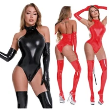 Womens Latex PVC Leather Bodysuit Gloves Socks Shiny Wet Look Catsuit Clubwear