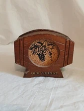 Enesco Old Vintage Wine Barrel Wood Cork 6 Coaster Set With Grape Design 1979  