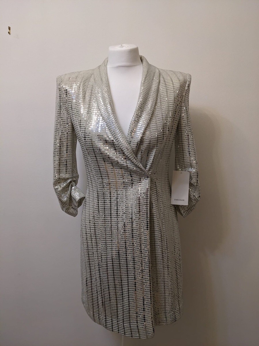 Zara Wrap Zara Metallic Blazer Dress Zara Metallic Silver White