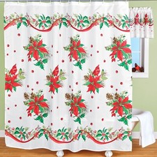 Holiday Cardinals and Poinsettia Bathroom Shower Curtain With Hooks 72"L x 70"W