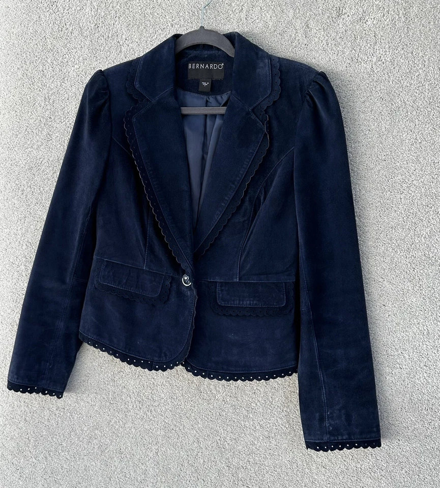 Chaqueta de cuero Bernardo para mujer pequeña azul real botón delantero vintage Foto 2 de 4